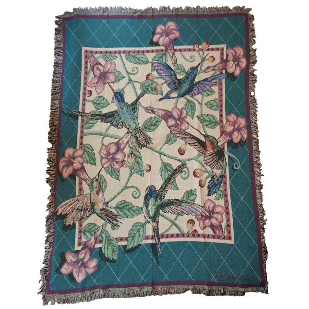 Dan Gilbert Hummingbird Tapestry Throw Blanket Teal Floral Fringe Cottagecore